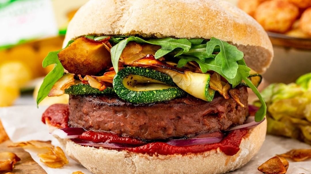 A close up a burger made with HappyVore