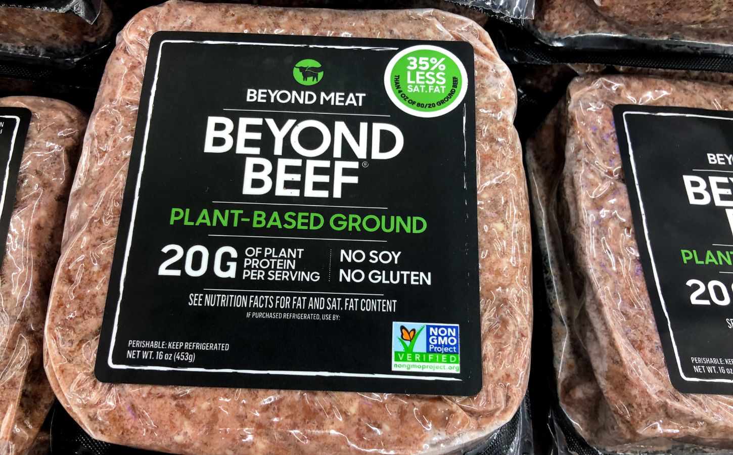 Vegan Beyond beef packet on a supermarket shelf containing plant-based ground meat from Beyond Meat