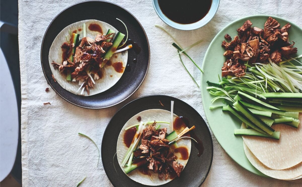 Vegan duck pancakes made with plant-based ingredients like jackfruit