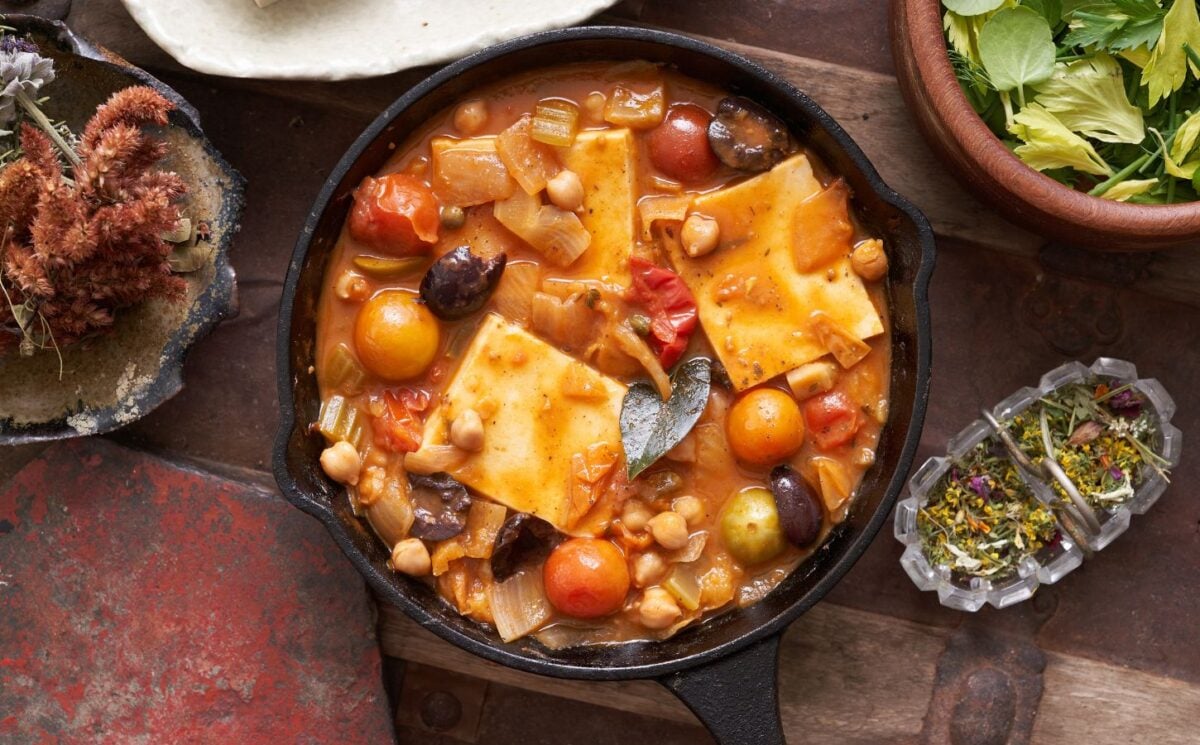 A one pot recipe cherry tomato and spongy tofu dish from George Stiffman, the author of Broken Cuisine