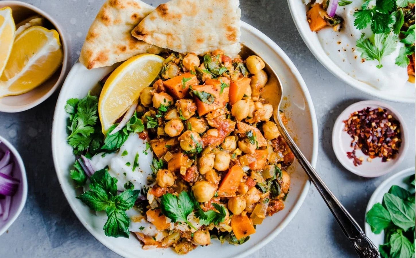 A bowl of Indian vegan sweet potato and chickpea stew
