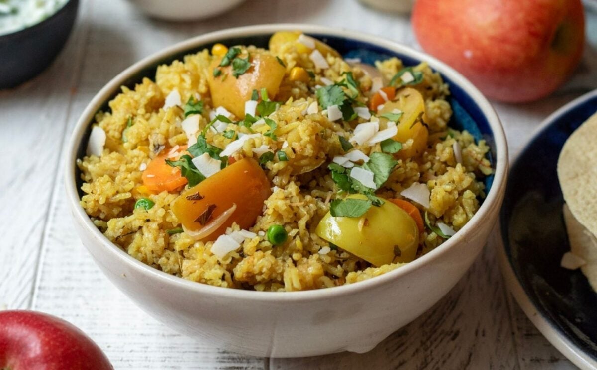 A vegan biryani made from apple and vegetables