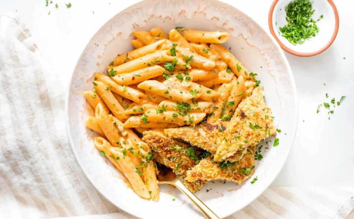 A high protein tempeh pasta dish, a vegan pasta recipe