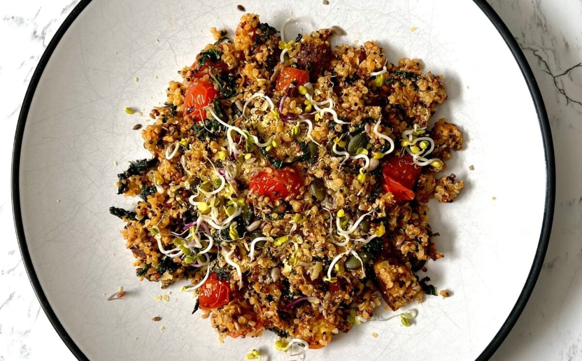 super healthy quinoa tofu made with cavolo nero, banana shallot, tomato, and is packed with plant protein