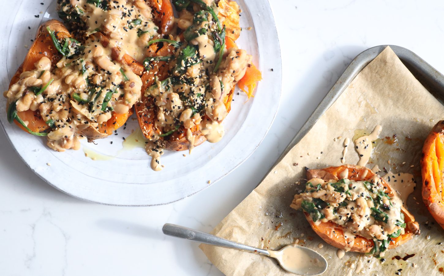 Smashed sweet potatoes with tahini and cannellini beans